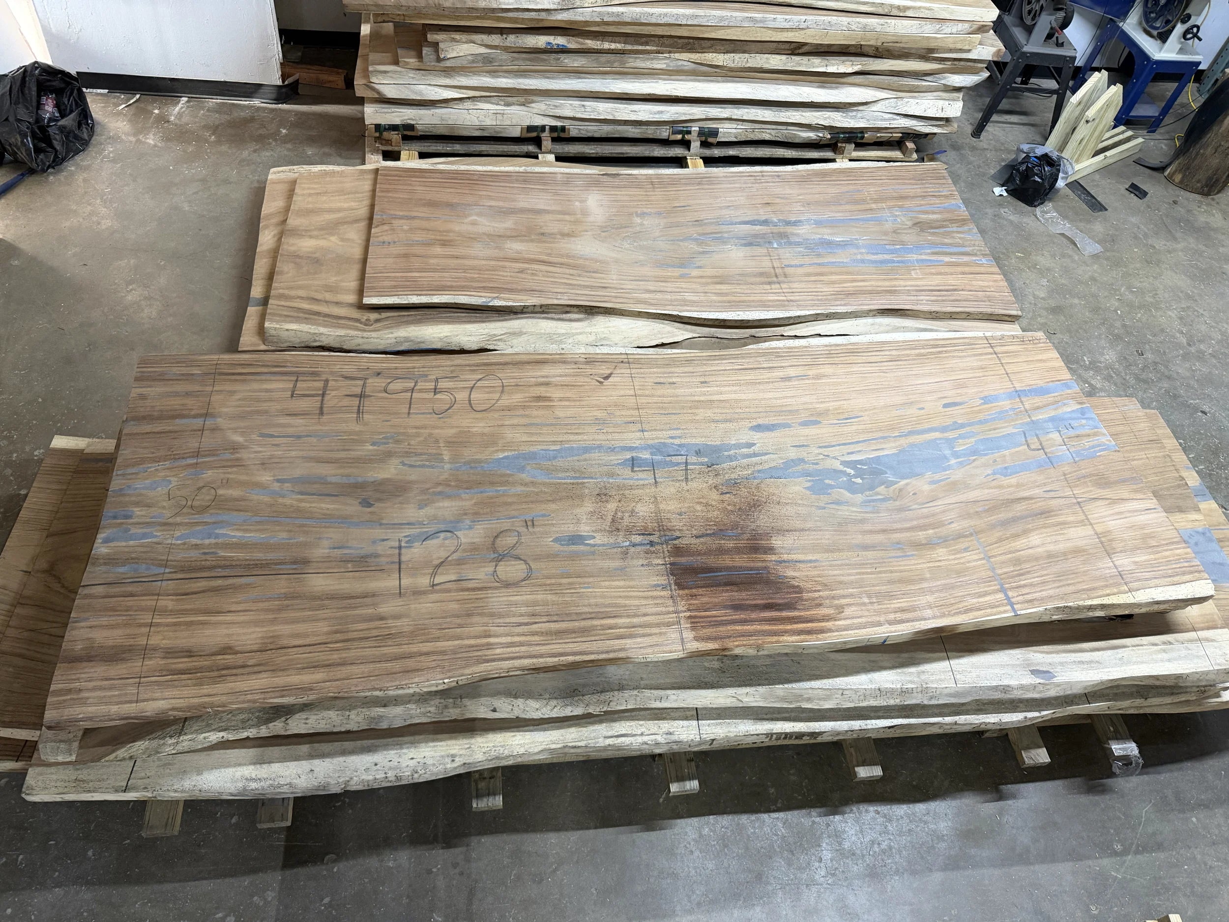 Parota live edge wood slab, 128x47x2 inches, large dining or conference table top on concrete floor