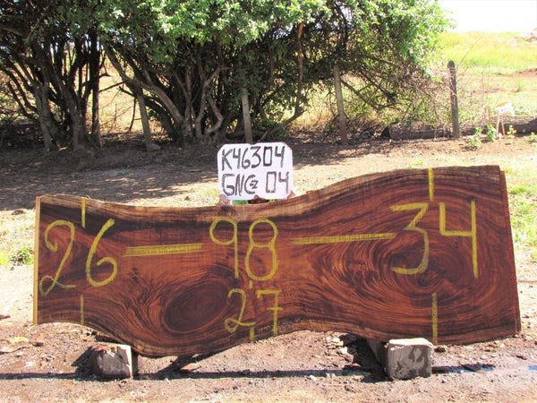 Image of PAROTA - 98x29x2 Inches - K46304GNC - a live edge PAROTA slab, 98 Inches long, 29 Inches wide, and 2 Inches thick.