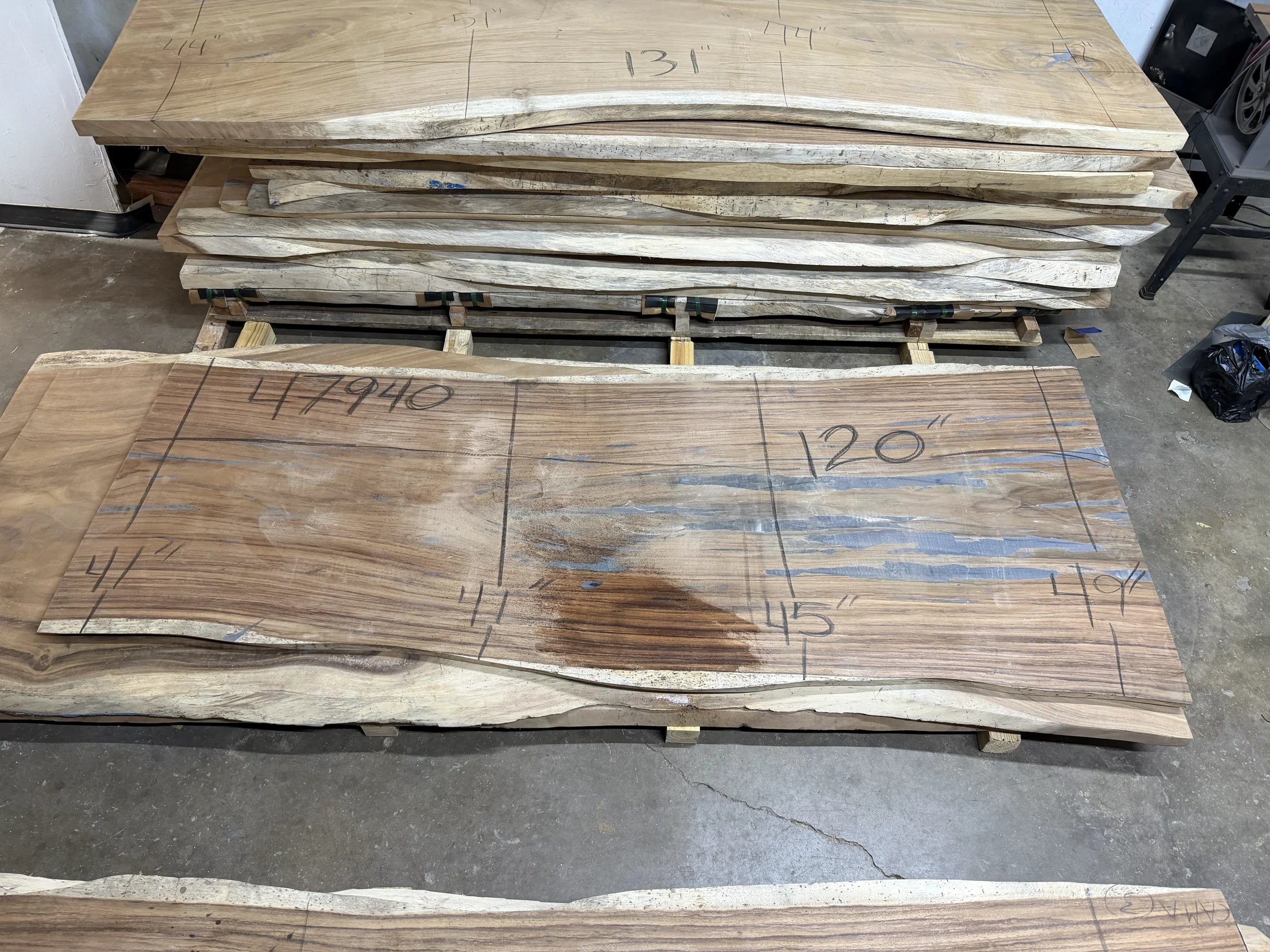 Parota live edge wood slab, 120x47x2 inches, large dining or conference table top on concrete floor