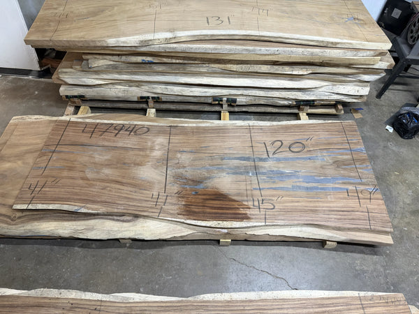Parota live edge wood slab, 120x47x2 inches, large dining or conference table top on concrete floor