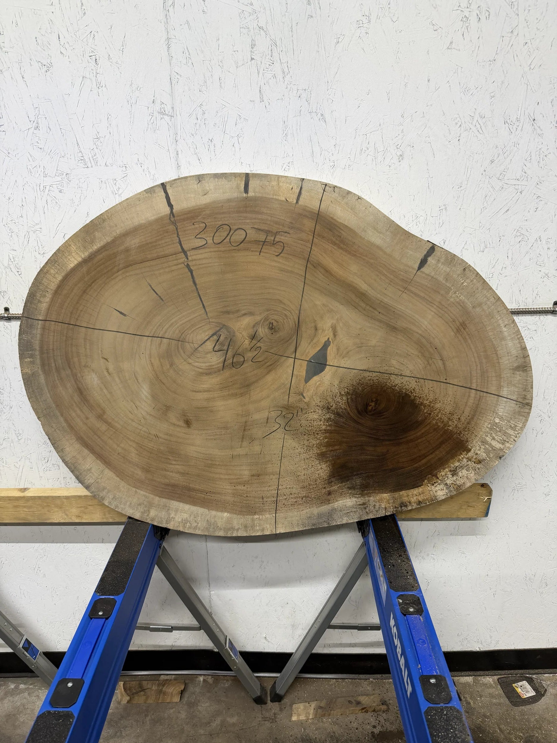 Round Parota live edge wood slab with a central cutout, leaning against a white brick wall on a wooden floor.

46.5x32