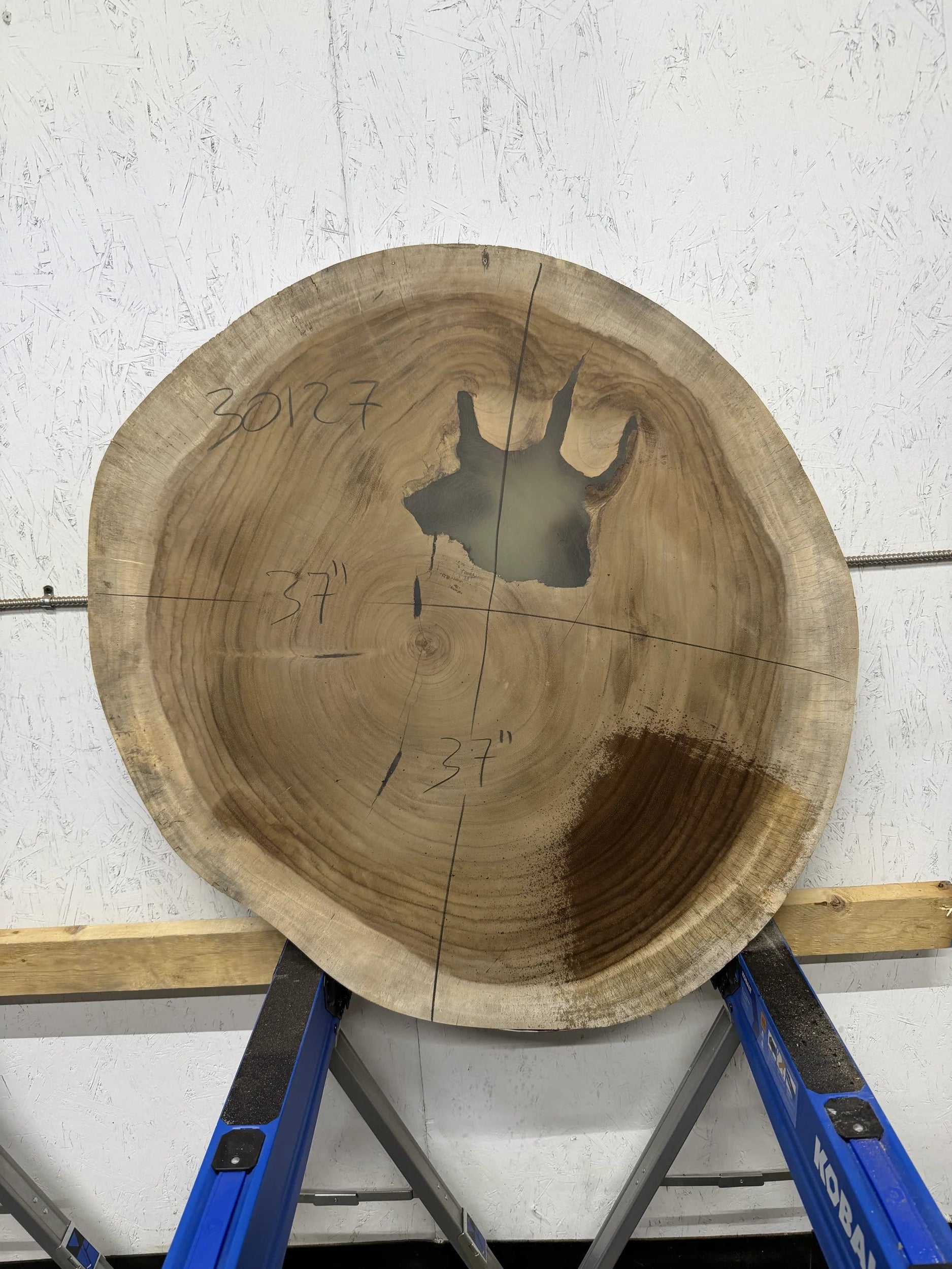 Round Parota live edge wood slab with a central cutout, leaning against a white brick wall on a wooden floor.

